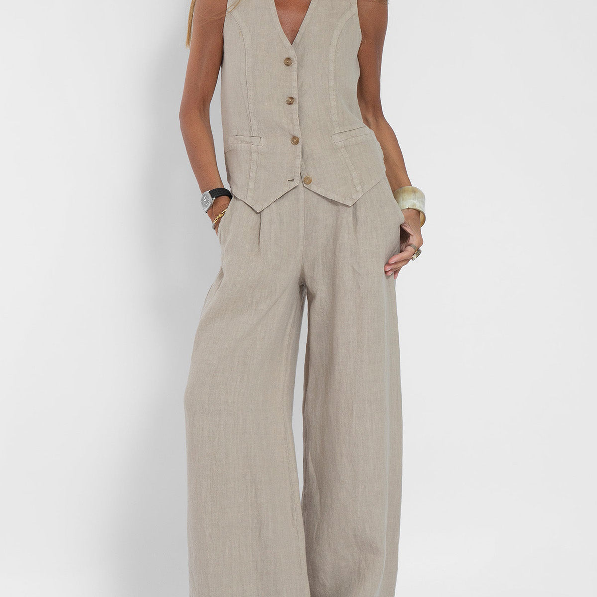 Aira - Buttoned Vest and Wide-Leg Pants Set