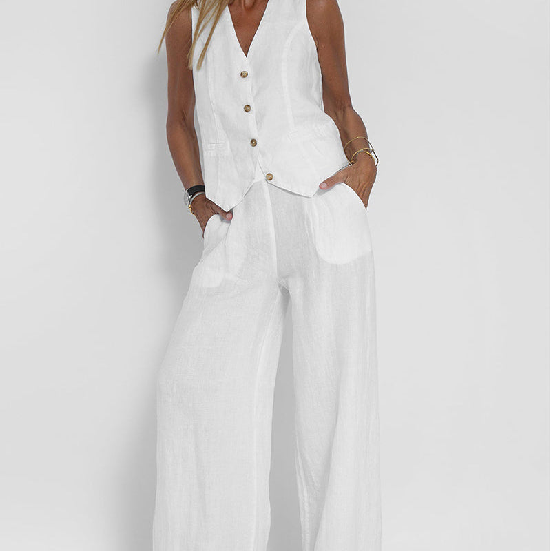 Aira - Buttoned Vest and Wide-Leg Pants Set