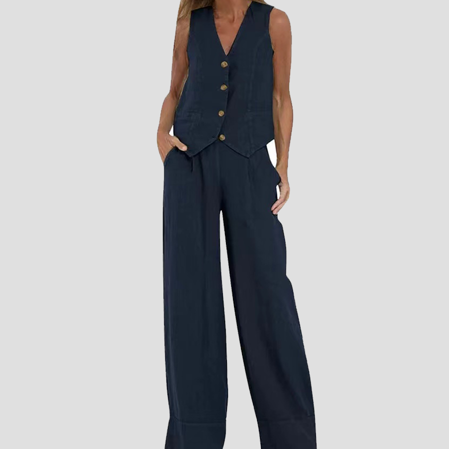 Aira - Buttoned Vest and Wide-Leg Pants Set